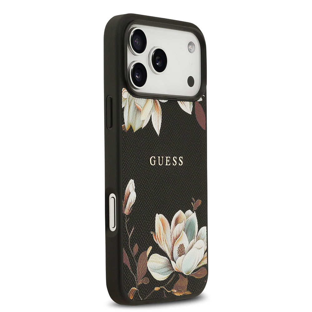 Guess iPhone 17 Pro Max Orjinal Lisanslı M-safe Şarj Özellikli Taneli Çiçek Tasarımlı Metal Yazı Logolu Kılıf