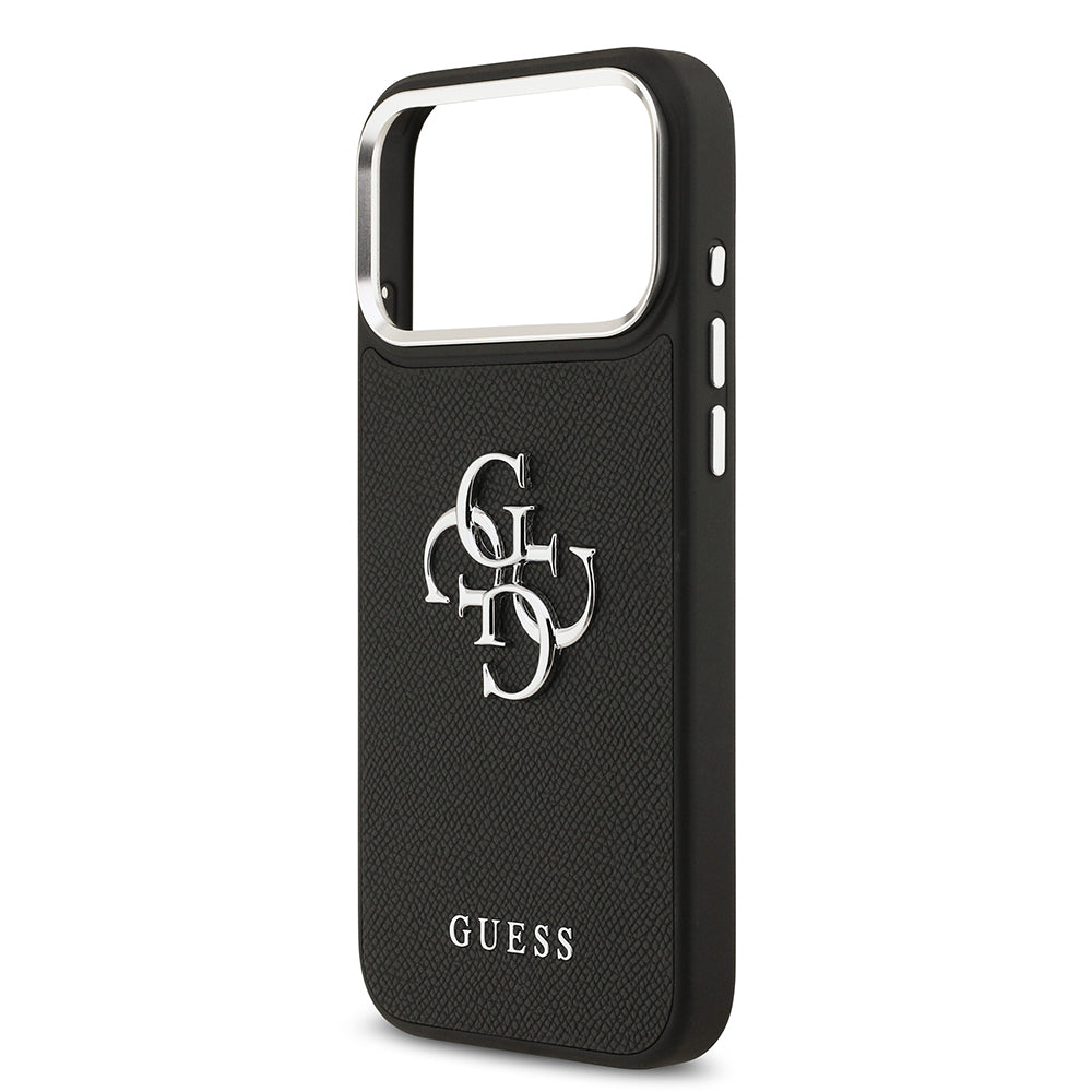 Guess iPhone 17 Pro Max Orjinal Lisanslı Metal Kamera Çerçeveli Metal Büyük 4G ve Yazı Logolu PU Deri Kılıf