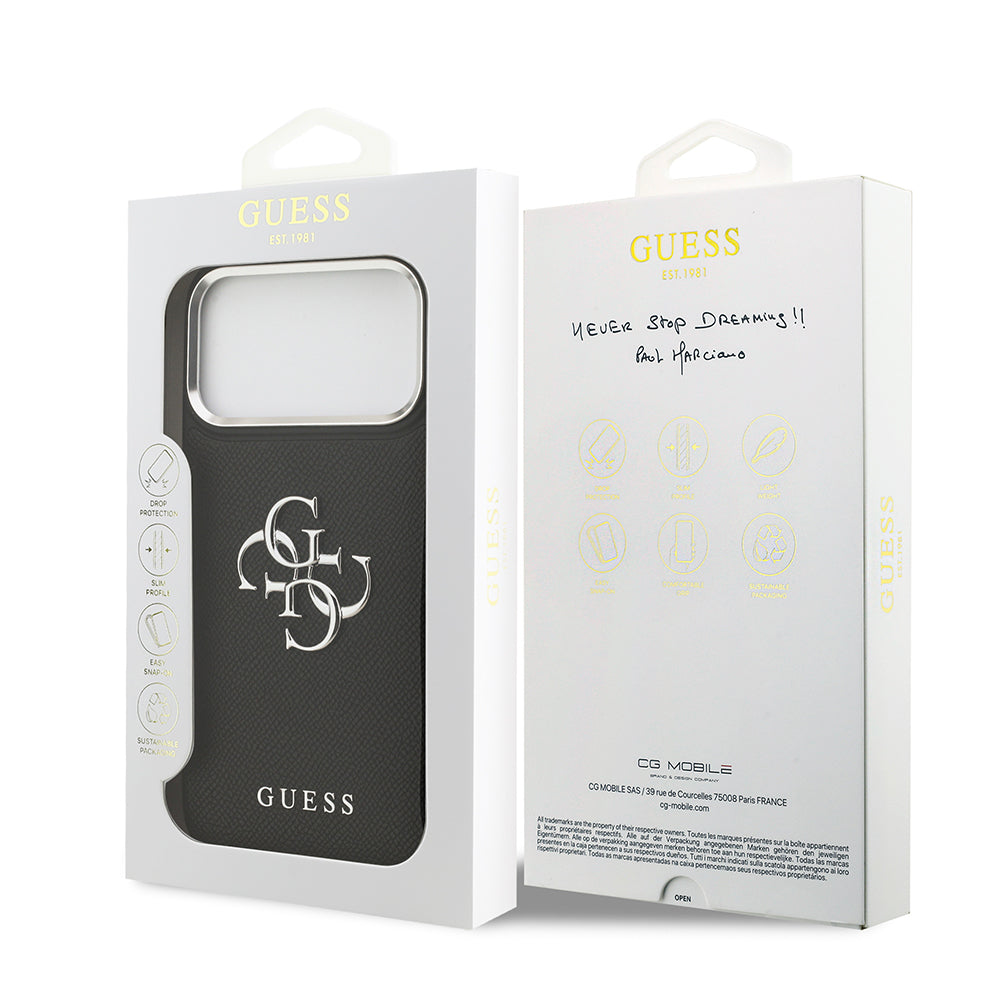 Guess iPhone 17 Pro Max Orjinal Lisanslı Metal Kamera Çerçeveli Metal Büyük 4G ve Yazı Logolu PU Deri Kılıf