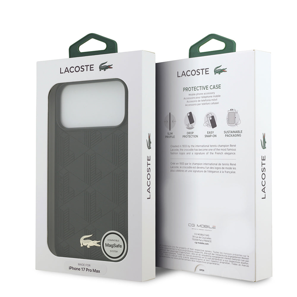 Lacoste iPhone 17 Pro Max Orjinal Lisanslı M-safe Şarj Özellikli PU Deri Tasarımlı Karışık Monogram Desenli Kılıf