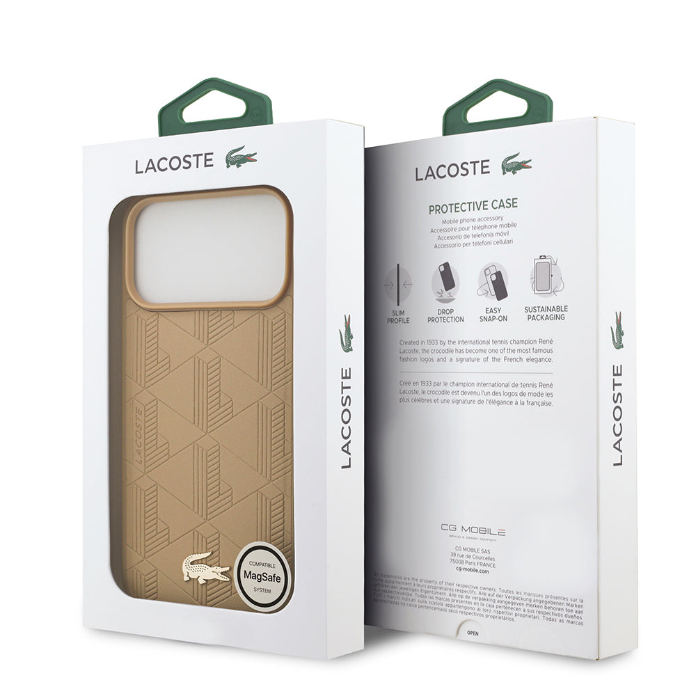 Lacoste iPhone 17 Pro Max Orjinal Lisanslı M-safe Şarj Özellikli PU Deri Tasarımlı Karışık Monogram Desenli Kılıf