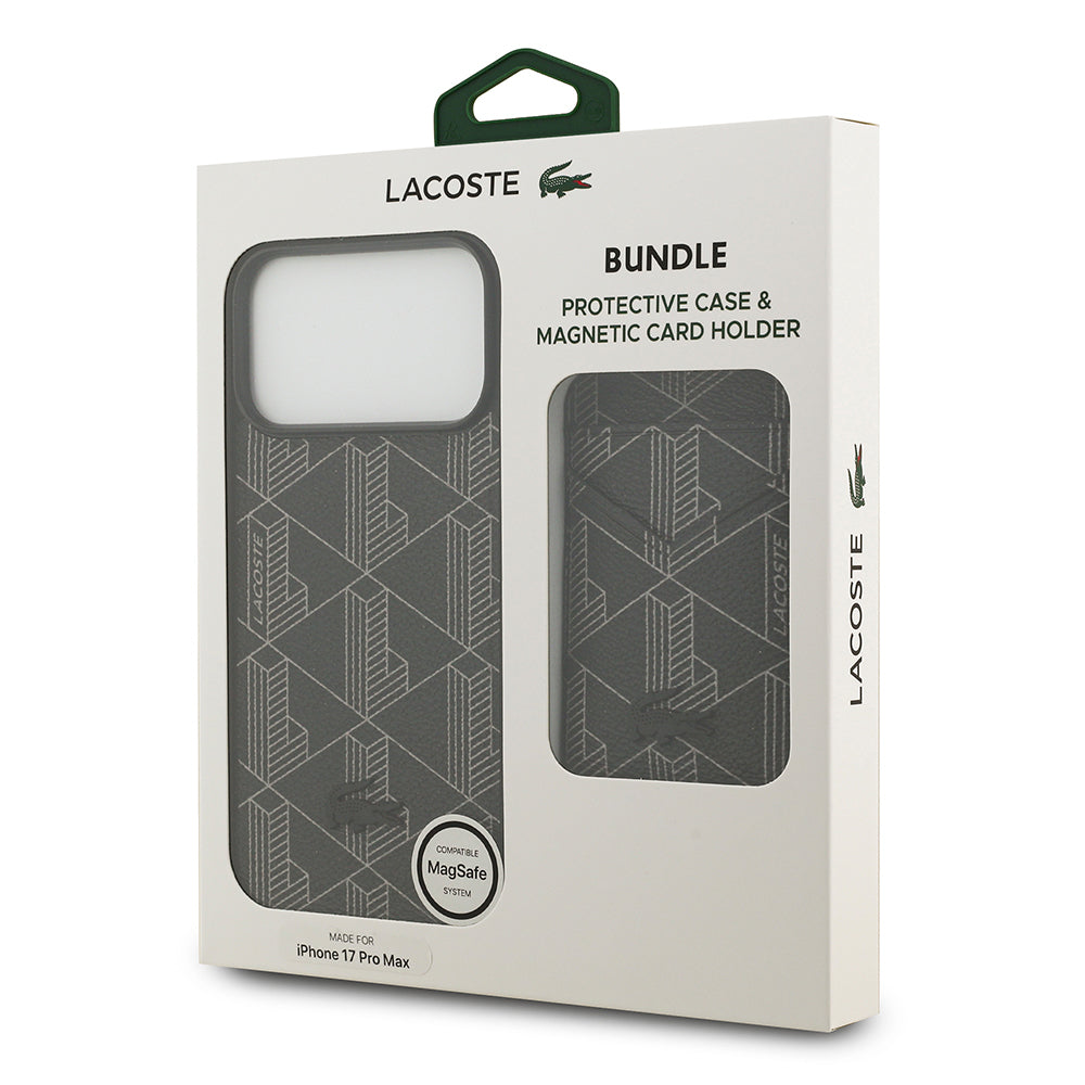 Lacoste iPhone 17 Pro Max Orjinal Lisanslı M-safe Şarj Özellikli PU Deri Tasarımlı Kartlıklı Karışık Monogram Desenli Kılıf