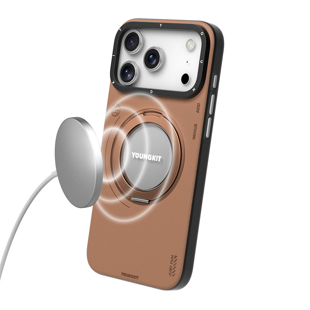 Youngkit Tech Leather Serisi iPhone 17 Pro Max M-safe Şarj Özellikli 360 Derece Standlı Basit Mat Deri Desenli Kılıf