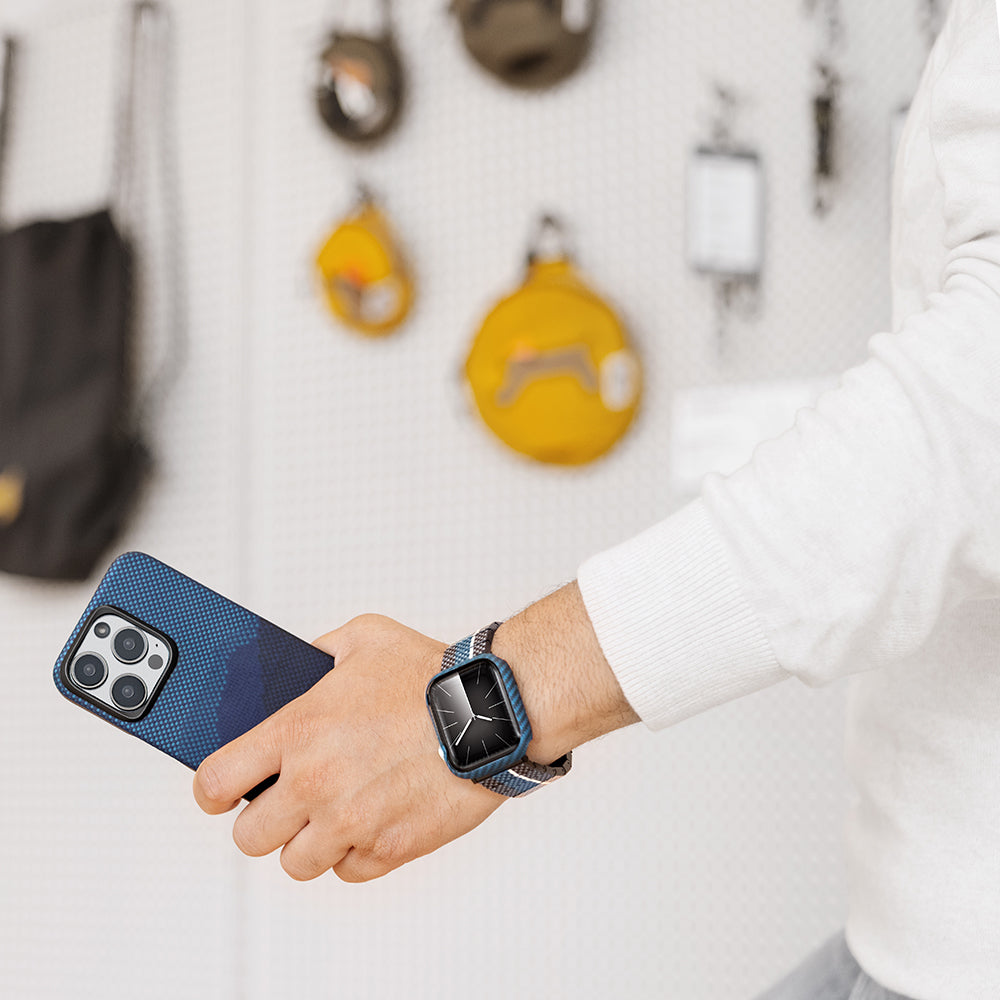 Pitaka Air Case Apple Watch 7 45mm 600D Aramid Fiber Classic Serisi Black-Blue Twill Kasa Koruyucu