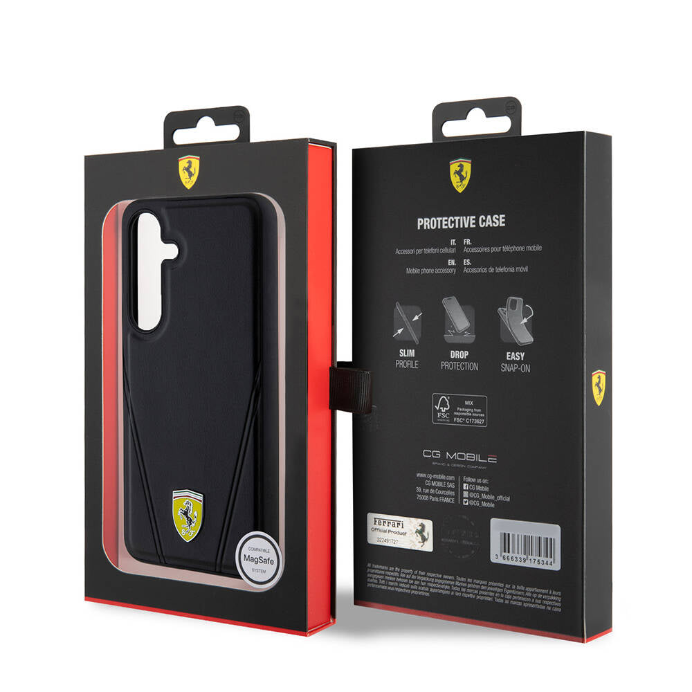 Ferrari Galaxy S24 Plus Orjinal Lisanslı M-safe Şarj Özellikli Sıcak Baskı V Çizgili Deri Kılıf