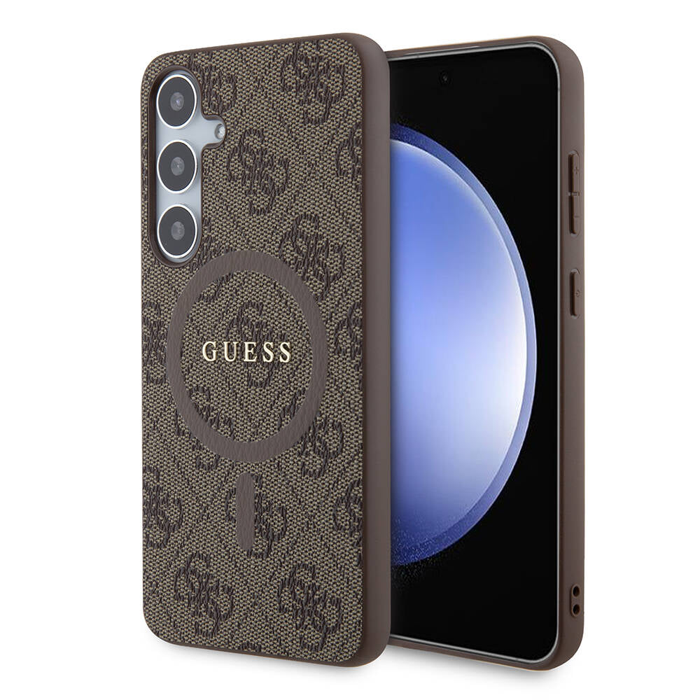 Guess Galaxy S24 Plus Orjinal Lisanslı M-safe Şarj Özellikli PU Halkalı 4G Desenli Yazı Logolu Kılıf