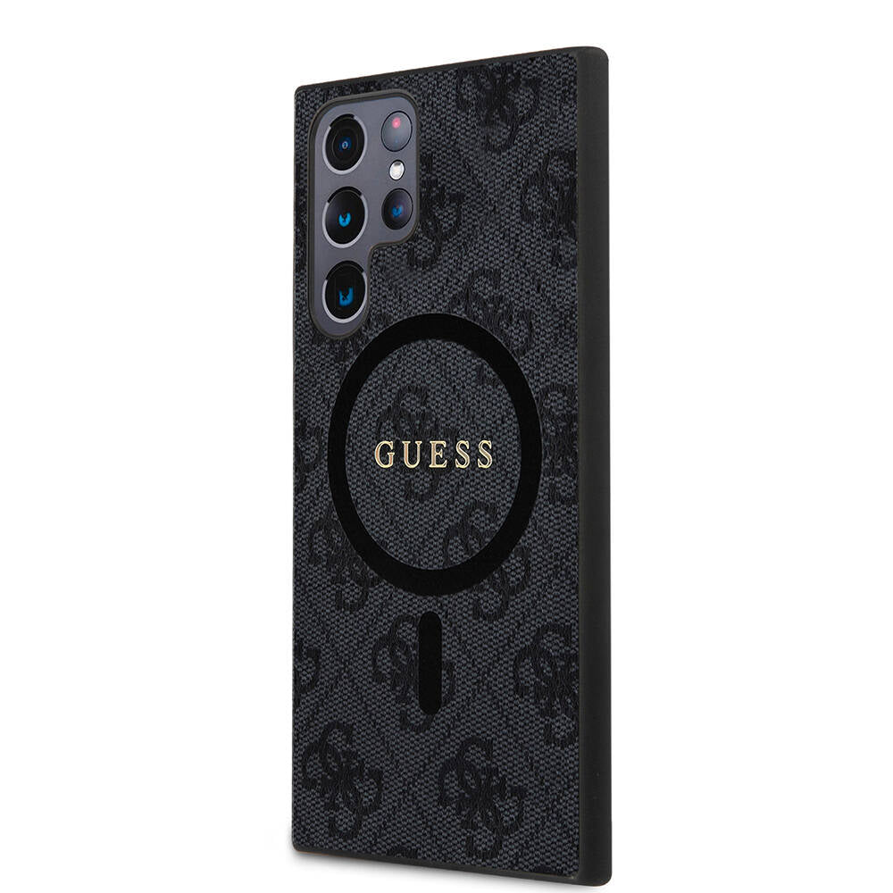 Guess Galaxy S24 Ultra Orjinal Lisanslı M-safe Şarj Özellikli PU Halkalı 4G Desenli Yazı Logolu Kılıf