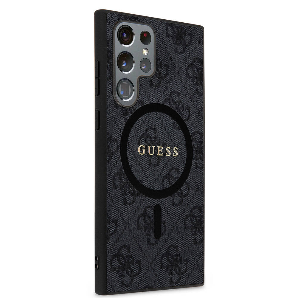 Guess Galaxy S24 Ultra Orjinal Lisanslı M-safe Şarj Özellikli PU Halkalı 4G Desenli Yazı Logolu Kılıf