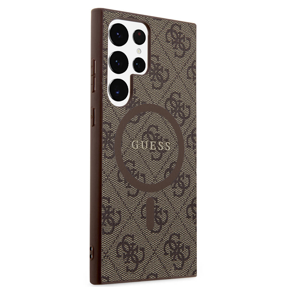 Guess Galaxy S24 Ultra Orjinal Lisanslı M-safe Şarj Özellikli PU Halkalı 4G Desenli Yazı Logolu Kılıf