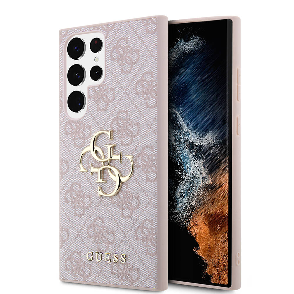 Guess Galaxy S24 Ultra Orjinal Lisanslı PU Deri Yazı ve 4G Metal Logolu Desenli Kılıf