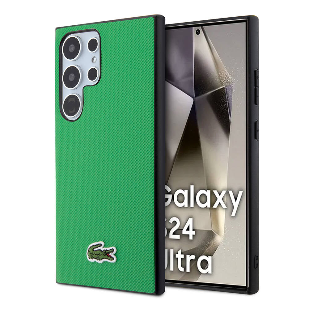 Lacoste Galaxy S24 Ultra Orjinal Lisanslı PU Pike Desenli Arka Yüzey İkonik Timsah Dokuma Logolu Kılıf