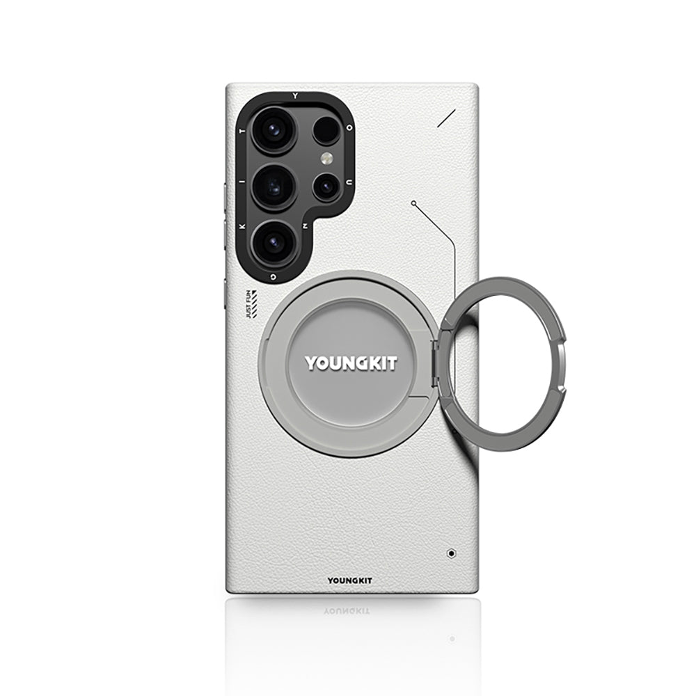 Youngkit Tech Leather Serisi Galaxy S24 Ultra 360° Standlı Basit Mat Deri Desenli M-safe Kılıf