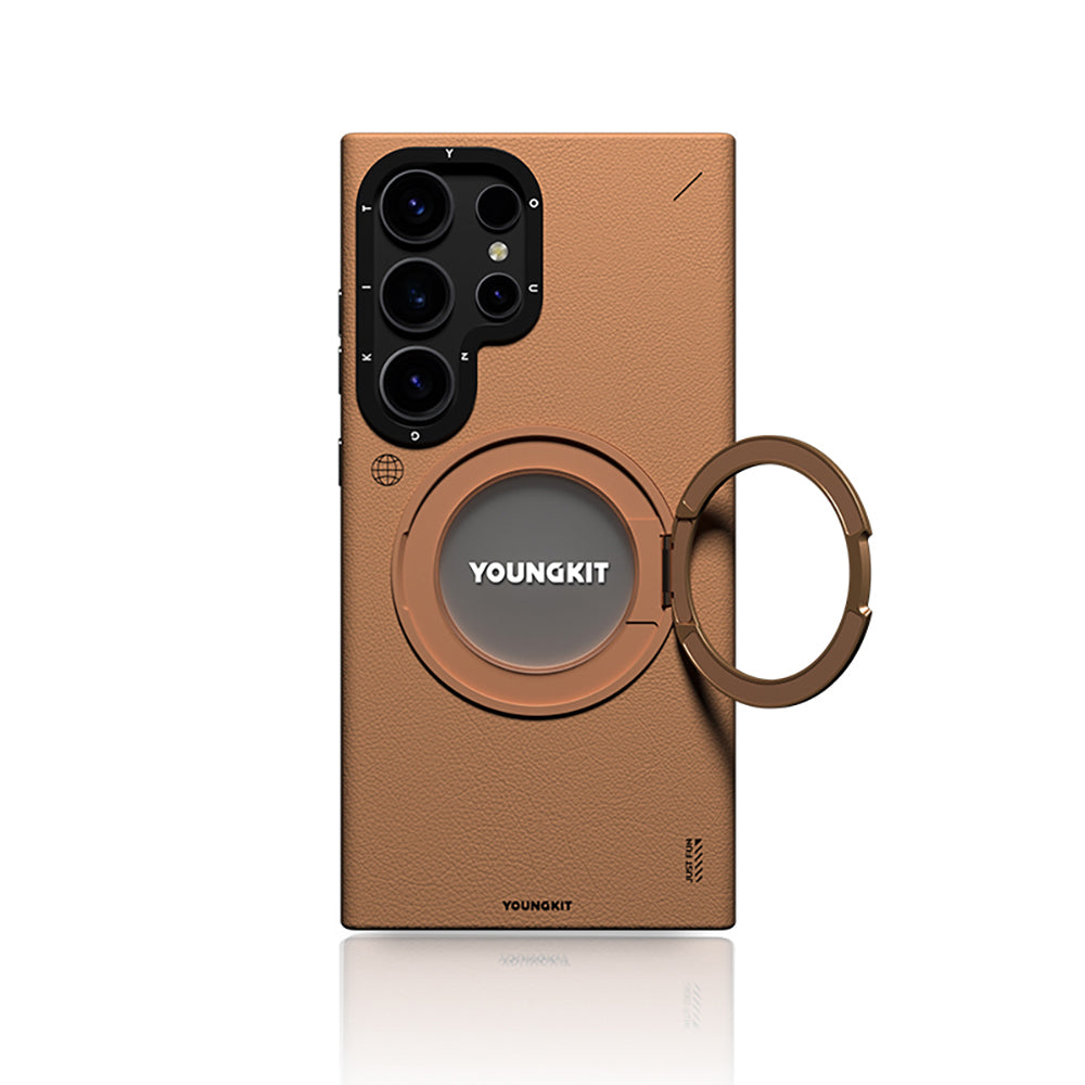 Youngkit Tech Leather Serisi Galaxy S24 Ultra 360° Standlı Basit Mat Deri Desenli M-safe Kılıf