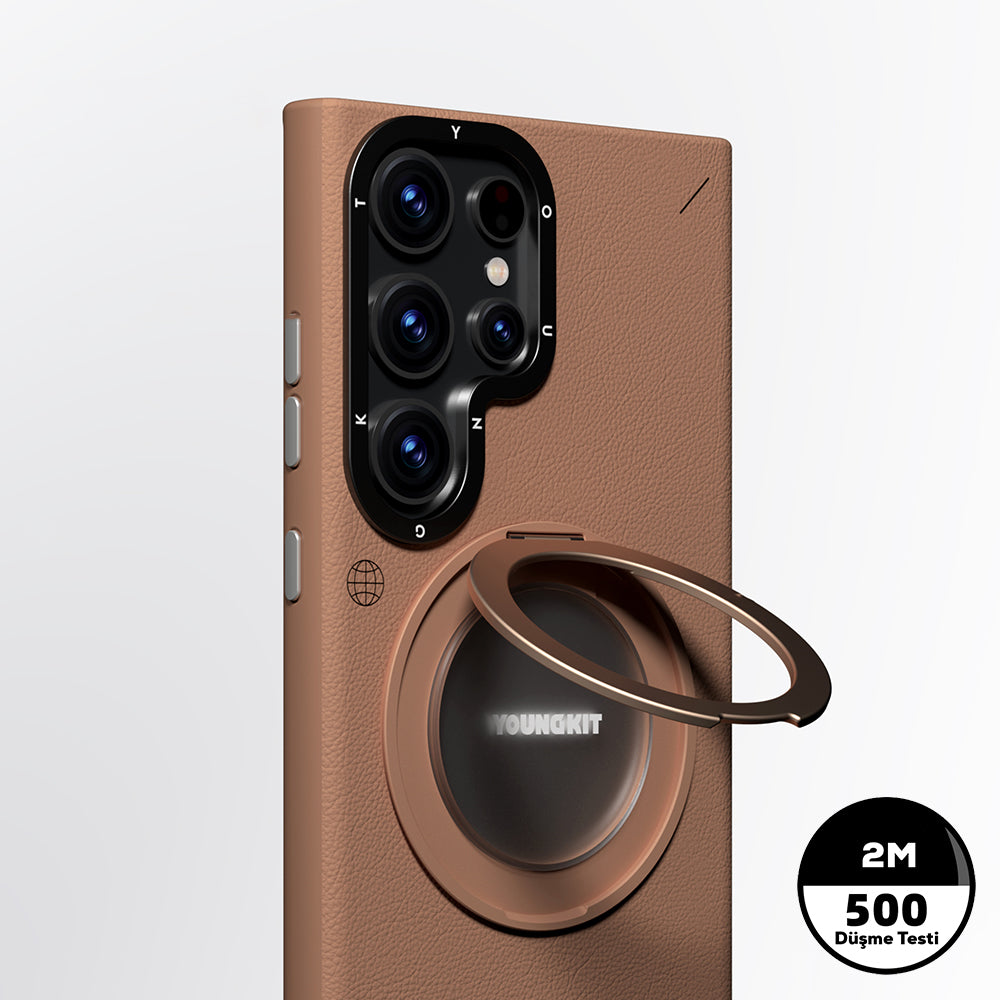 Youngkit Tech Leather Serisi Galaxy S24 Ultra 360° Standlı Basit Mat Deri Desenli M-safe Kılıf