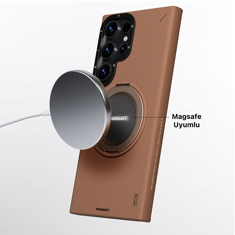Youngkit Tech Leather Serisi Galaxy S24 Ultra 360° Standlı Basit Mat Deri Desenli M-safe Kılıf
