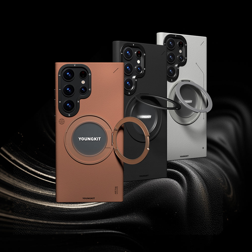 Youngkit Tech Leather Serisi Galaxy S24 Ultra 360° Standlı Basit Mat Deri Desenli M-safe Kılıf
