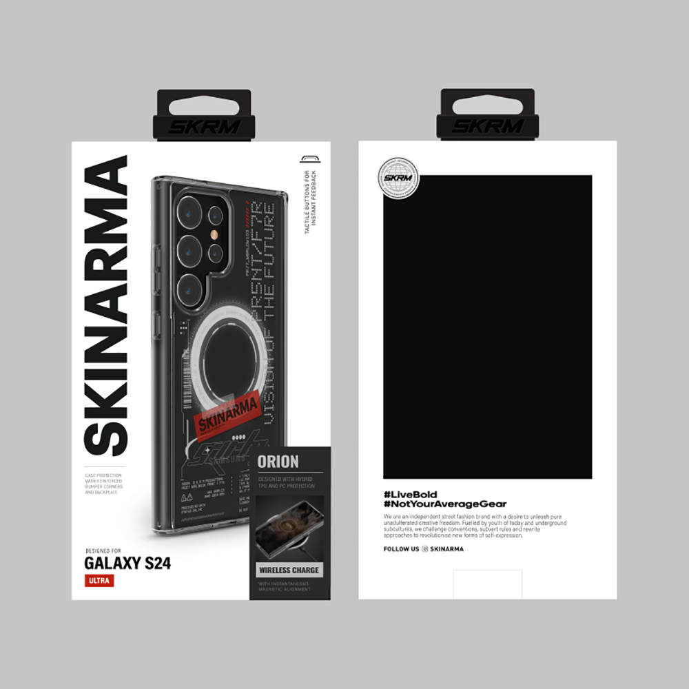 SkinArma Galaxy S24 Ultra M-safe Şarj Özellikli Yazı Desenli Airbag Tasarımlı Orion Kılıf