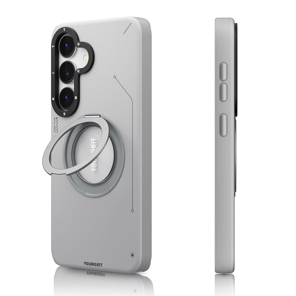 Youngkit Tech Leather Serisi Galaxy S25 Kılıf Magsafe 360° Standlı Mat Deri Desenli Telefon Kılıfı-5