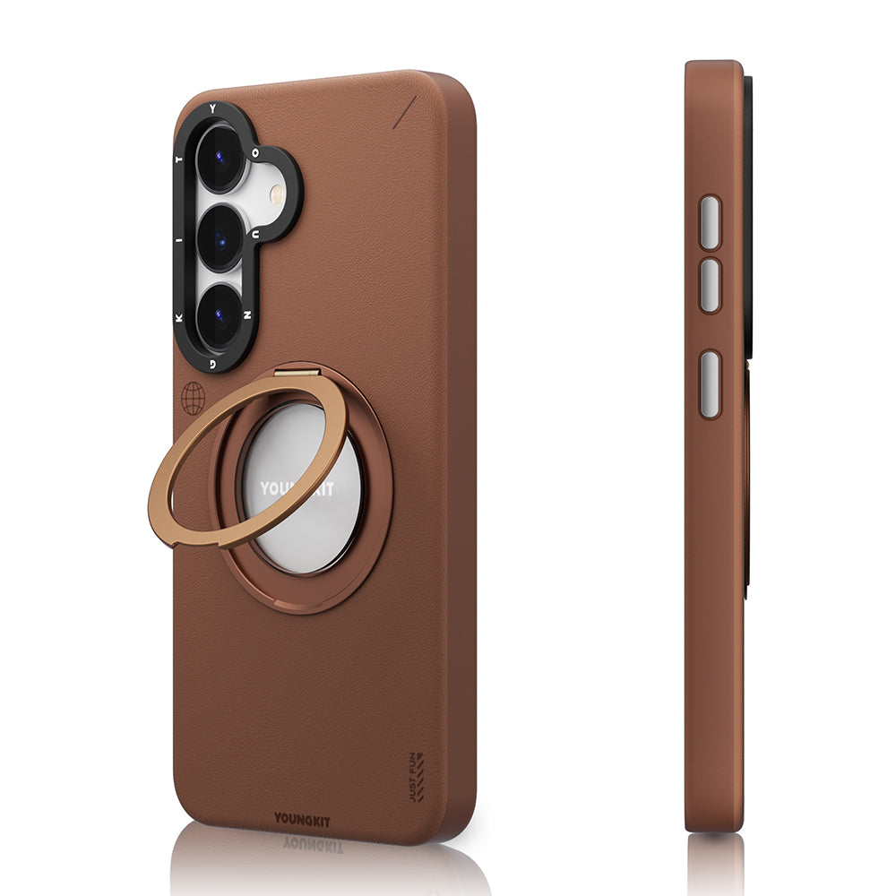 Youngkit Tech Leather Serisi Galaxy S25 Kılıf Magsafe 360° Standlı Mat Deri Desenli Telefon Kılıfı-6