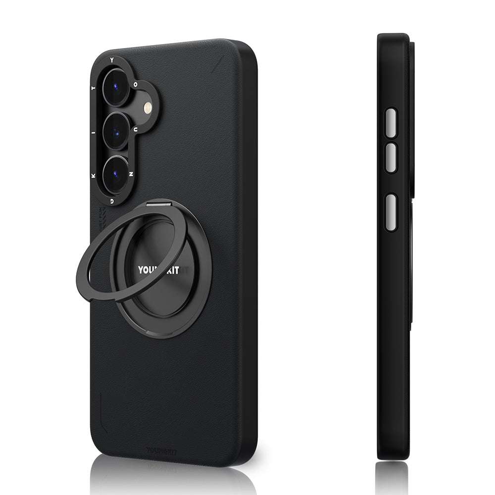 Youngkit Tech Leather Serisi Galaxy S25 Kılıf Magsafe 360° Standlı Mat Deri Desenli Telefon Kılıfı-4