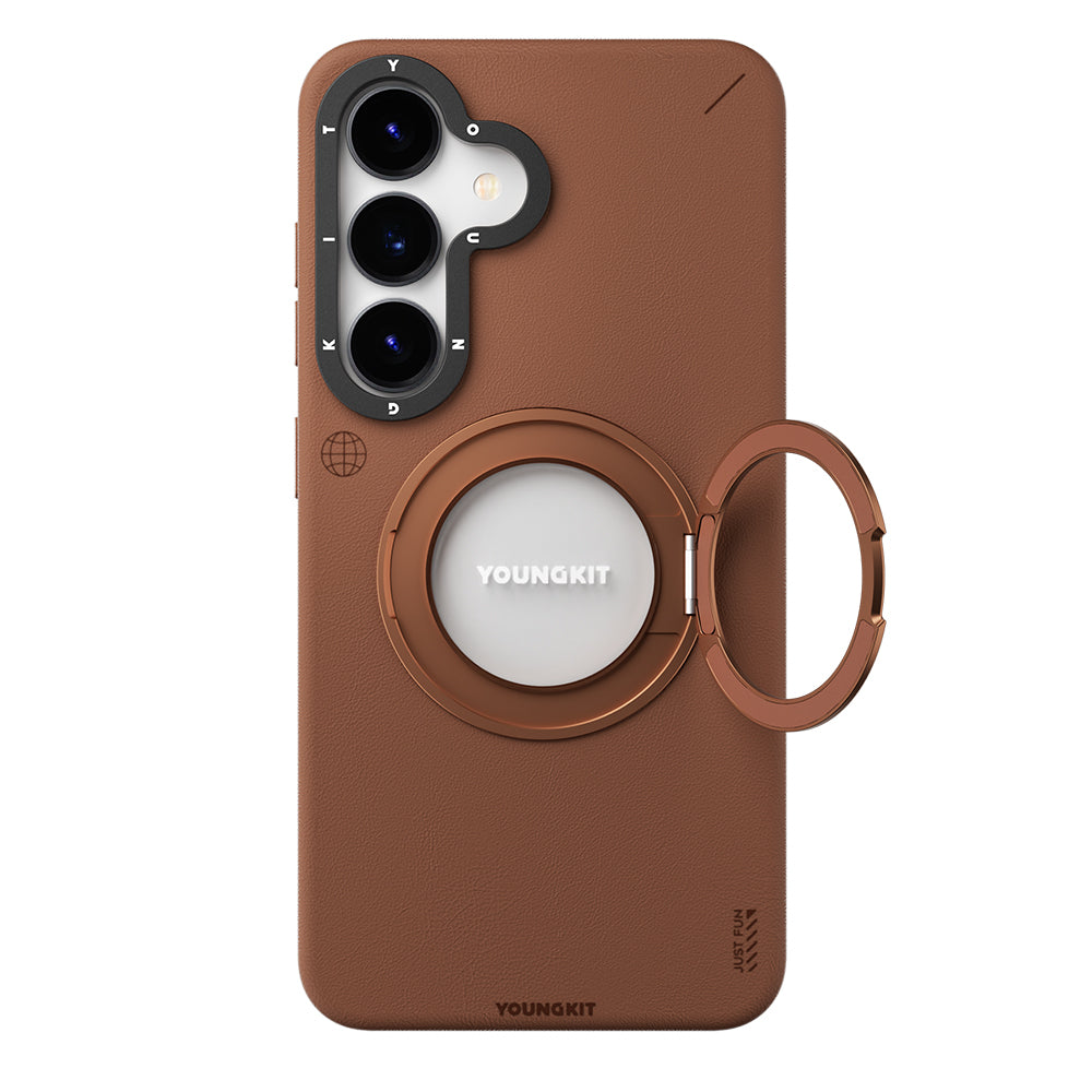Youngkit Tech Leather Serisi Galaxy S25 Kılıf Magsafe 360° Standlı Mat Deri Desenli Telefon Kılıfı-2