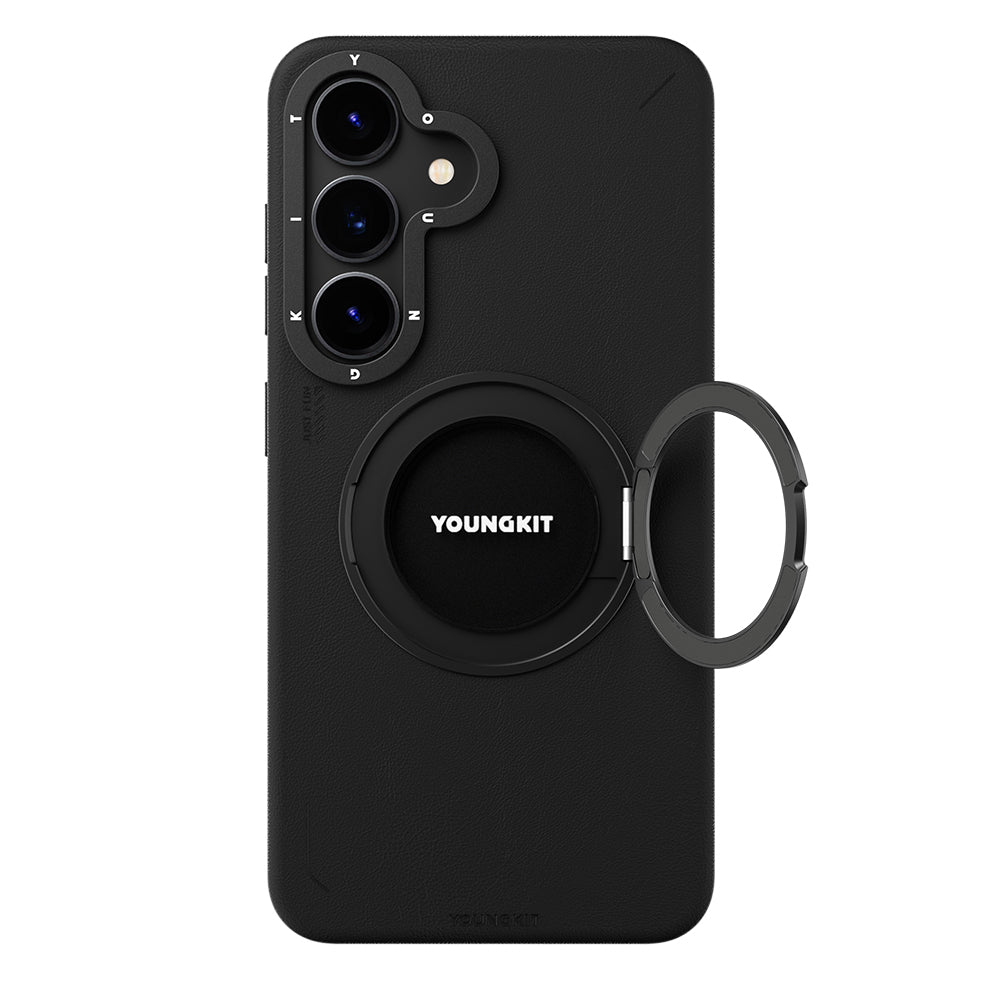 Youngkit Tech Leather Serisi Galaxy S25 Kılıf Magsafe 360° Standlı Mat Deri Desenli Telefon Kılıfı-3