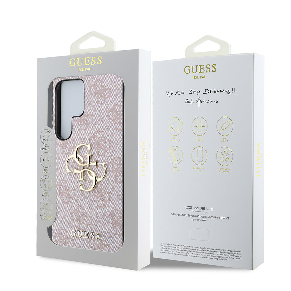 Guess Galaxy S25 Ultra Orjinal Lisanslı PU Deri 4G Desenli Metal Büyük 4G ve Yazı Logolu Kılıf