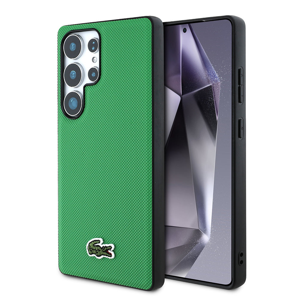 Lacoste Galaxy S25 Ultra Orjinal Lisanslı PU Pike Desenli Arka Yüzey İkonik Timsah Dokuma Logolu Kılıf