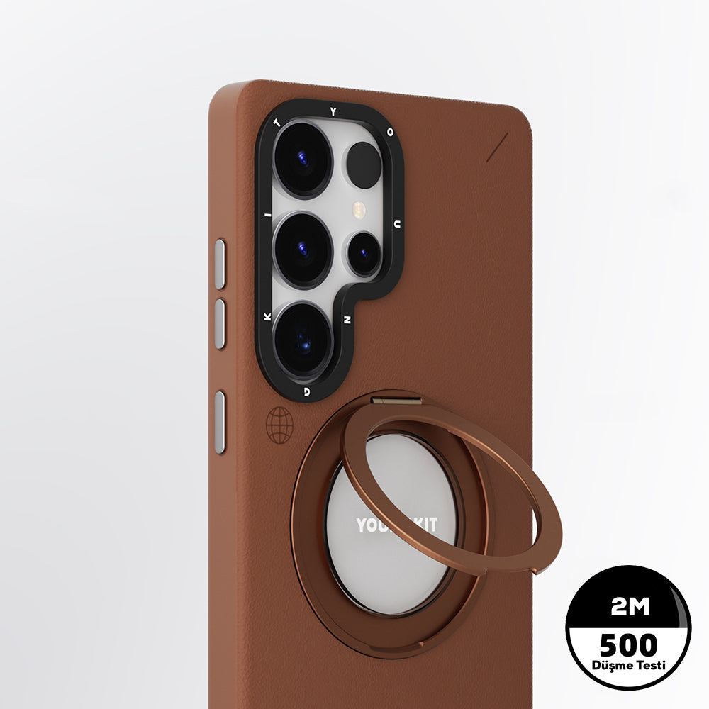 Youngkit Tech Leather Serisi Galaxy S25 Ultra Magsafe 360° Standlı Mat Deri Desenli Telefon Kılıfı-10
