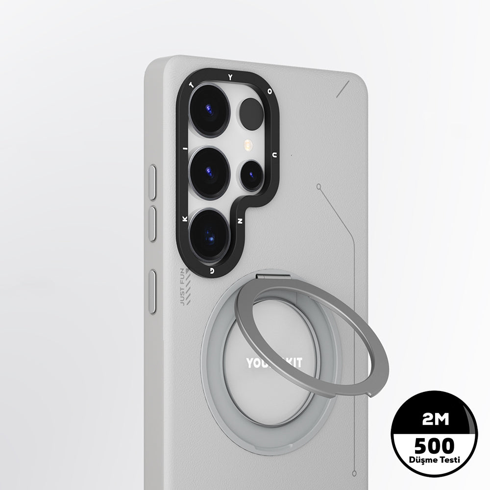 Youngkit Tech Leather Serisi Galaxy S25 Ultra Magsafe 360° Standlı Mat Deri Desenli Telefon Kılıfı-11