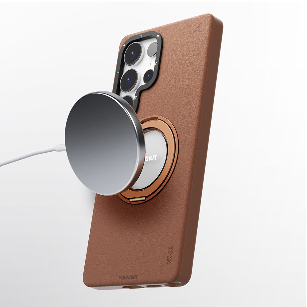Youngkit Tech Leather Serisi Galaxy S25 Ultra Magsafe 360° Standlı Mat Deri Desenli Telefon Kılıfı-8
