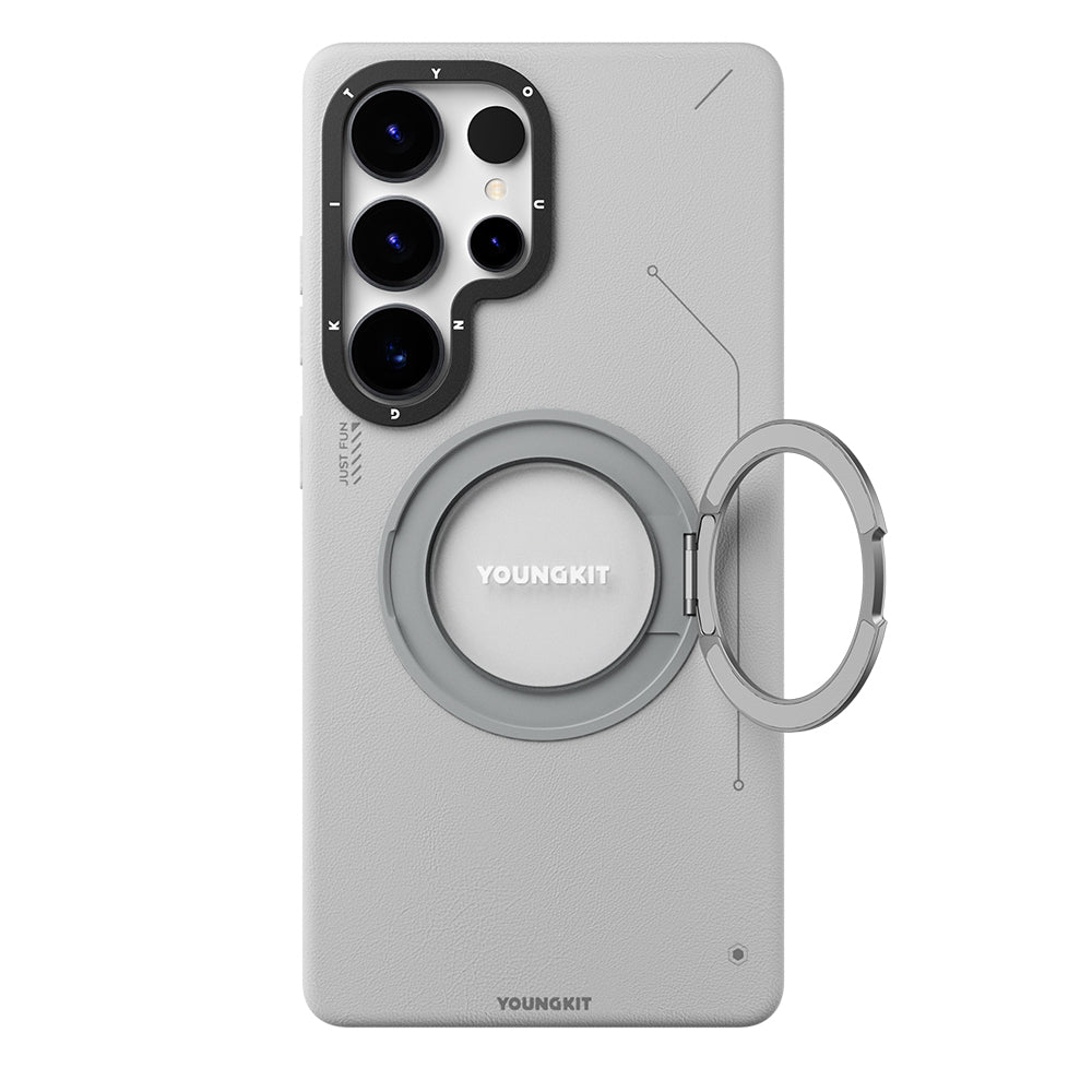 Youngkit Tech Leather Serisi Galaxy S25 Ultra Magsafe 360° Standlı Mat Deri Desenli Telefon Kılıfı-4
