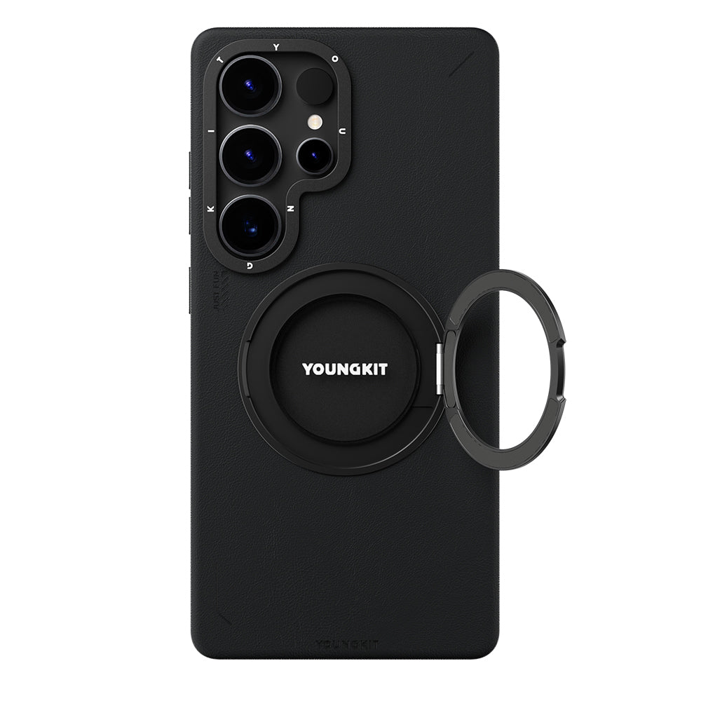 Youngkit Tech Leather Serisi Galaxy S25 Ultra Magsafe 360° Standlı Mat Deri Desenli Telefon Kılıfı-5
