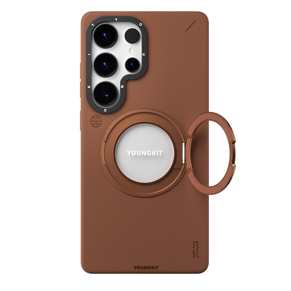 Youngkit Tech Leather Serisi Galaxy S25 Ultra Magsafe 360° Standlı Mat Deri Desenli Telefon Kılıfı-6
