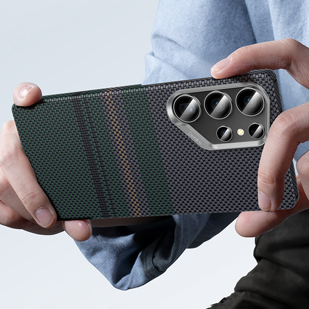 Benks Aurora ArmorAir Galaxy S25 Ultra M-safe Şarj Özellikli Karbon Fiber Tasarımlı Kevlar Kılıf
