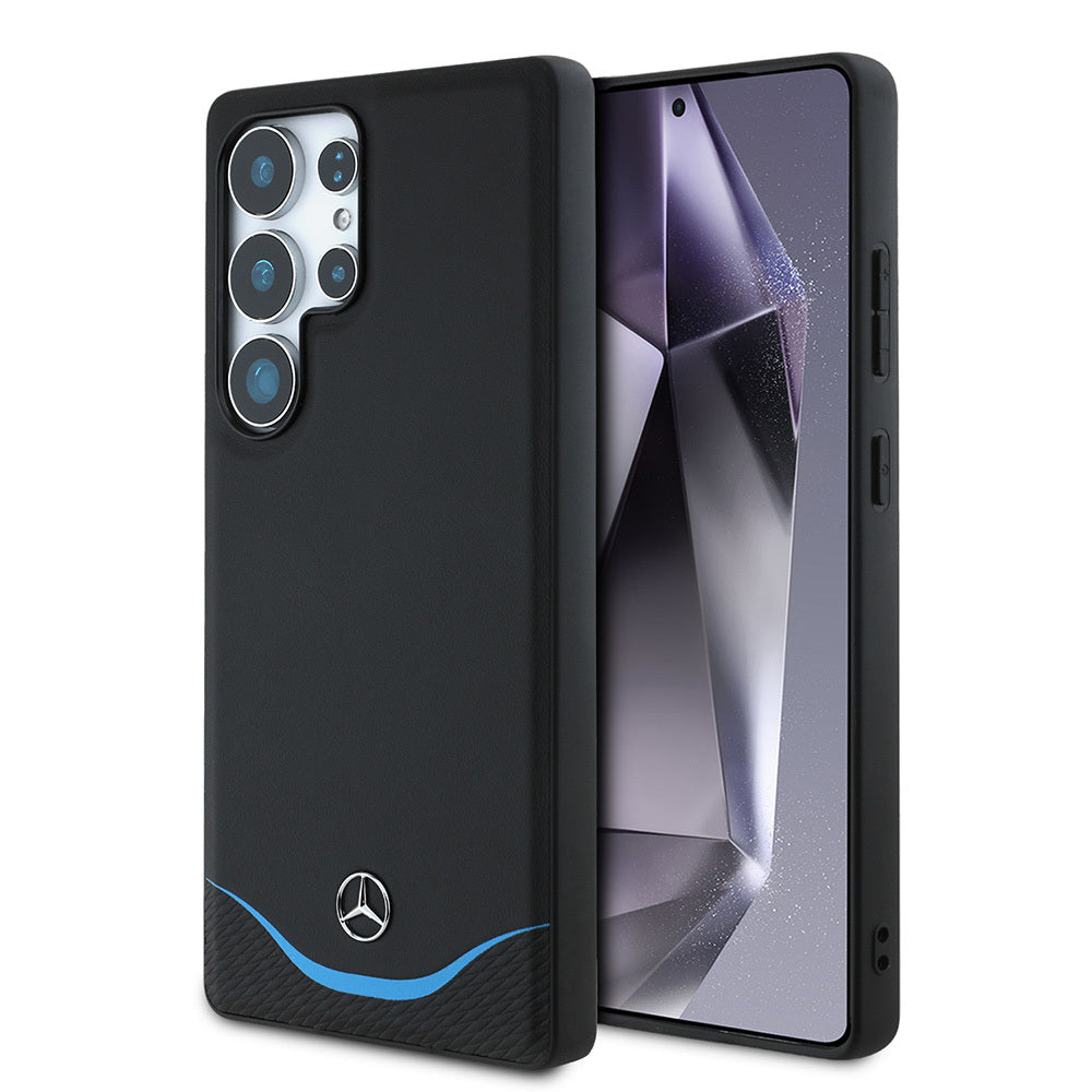 Mercedes Benz Galaxy S25 Ultra Orjinal Lisanslı M-safe Şarj Özellikli 3D Metal Logolu Mavi Yatay Eğri Çizgili Deri Kılıf