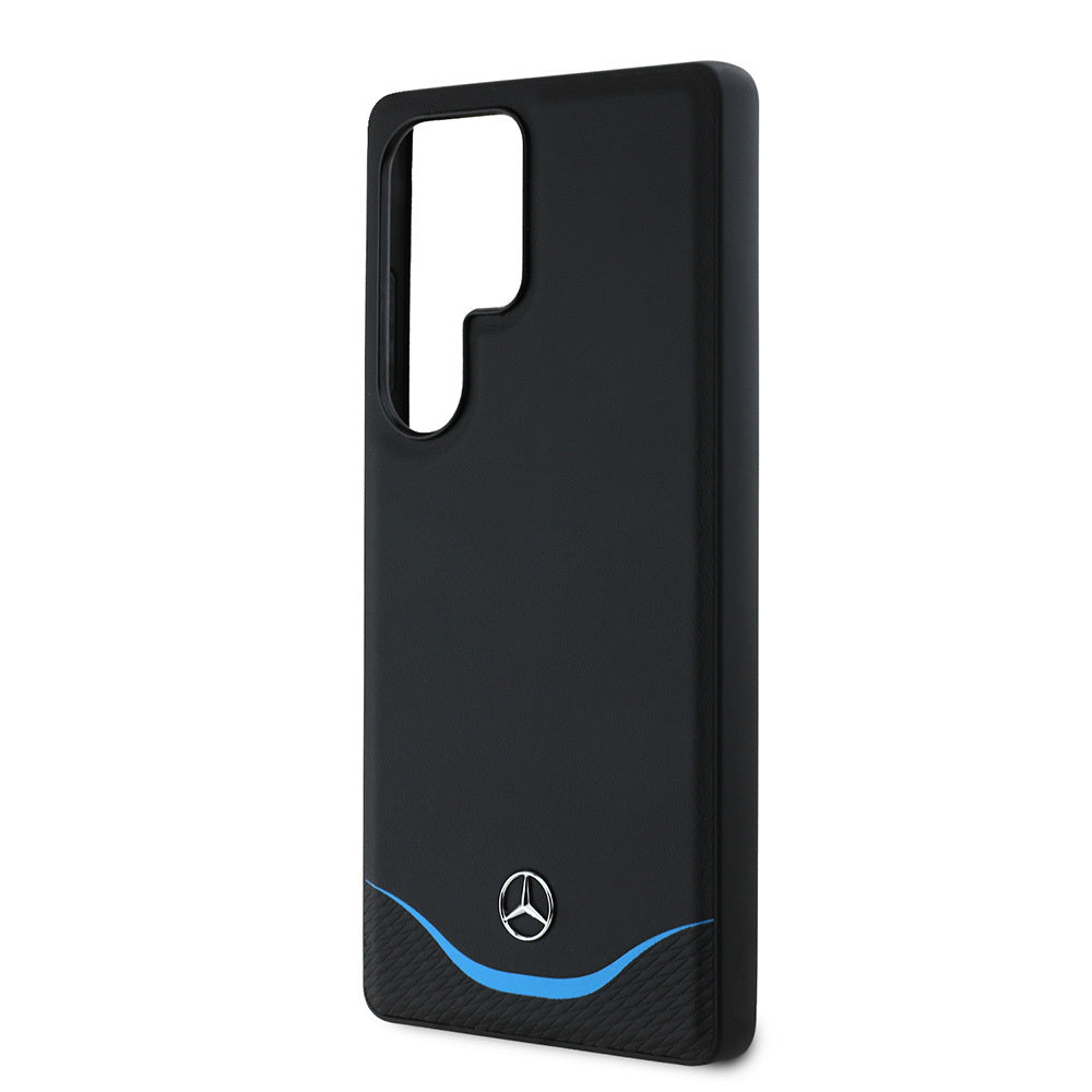 Mercedes Benz Galaxy S25 Ultra Orjinal Lisanslı M-safe Şarj Özellikli 3D Metal Logolu Mavi Yatay Eğri Çizgili Deri Kılıf