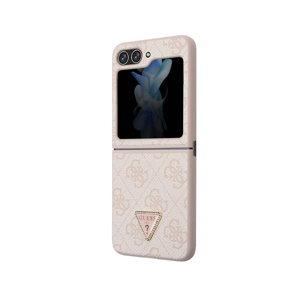 Guess Galaxy Z Flip 5 Kılıf Orjinal Lisanslı PU Deri Taşlı Üçgen Logo 4G Desenli Strass Telefon Kılıfı - 5
