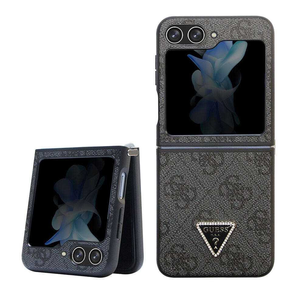Guess Galaxy Z Flip 5 Kılıf Orjinal Lisanslı PU Deri Taşlı Üçgen Logo 4G Desenli Strass Telefon Kılıfı - 8