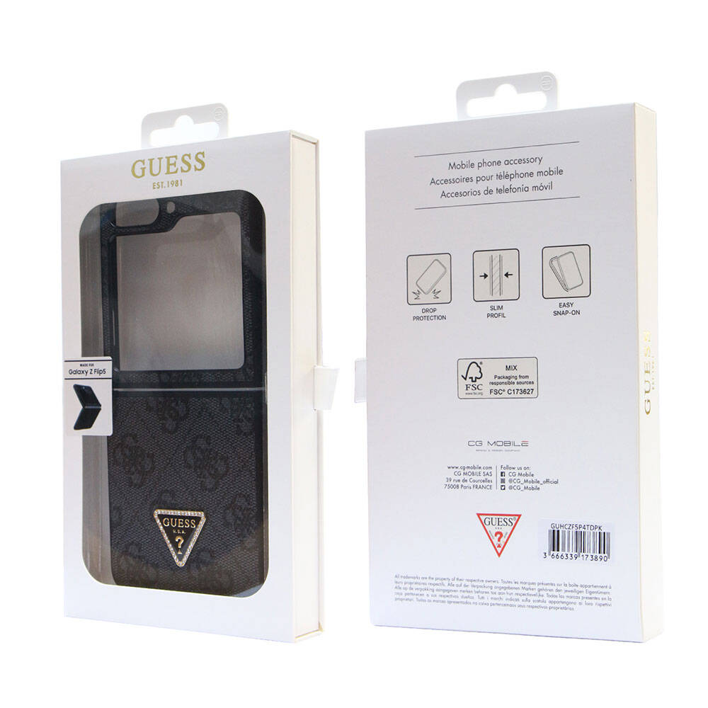 Guess Galaxy Z Flip 5 Kılıf Orjinal Lisanslı PU Deri Taşlı Üçgen Logo 4G Desenli Strass Telefon Kılıfı - 14