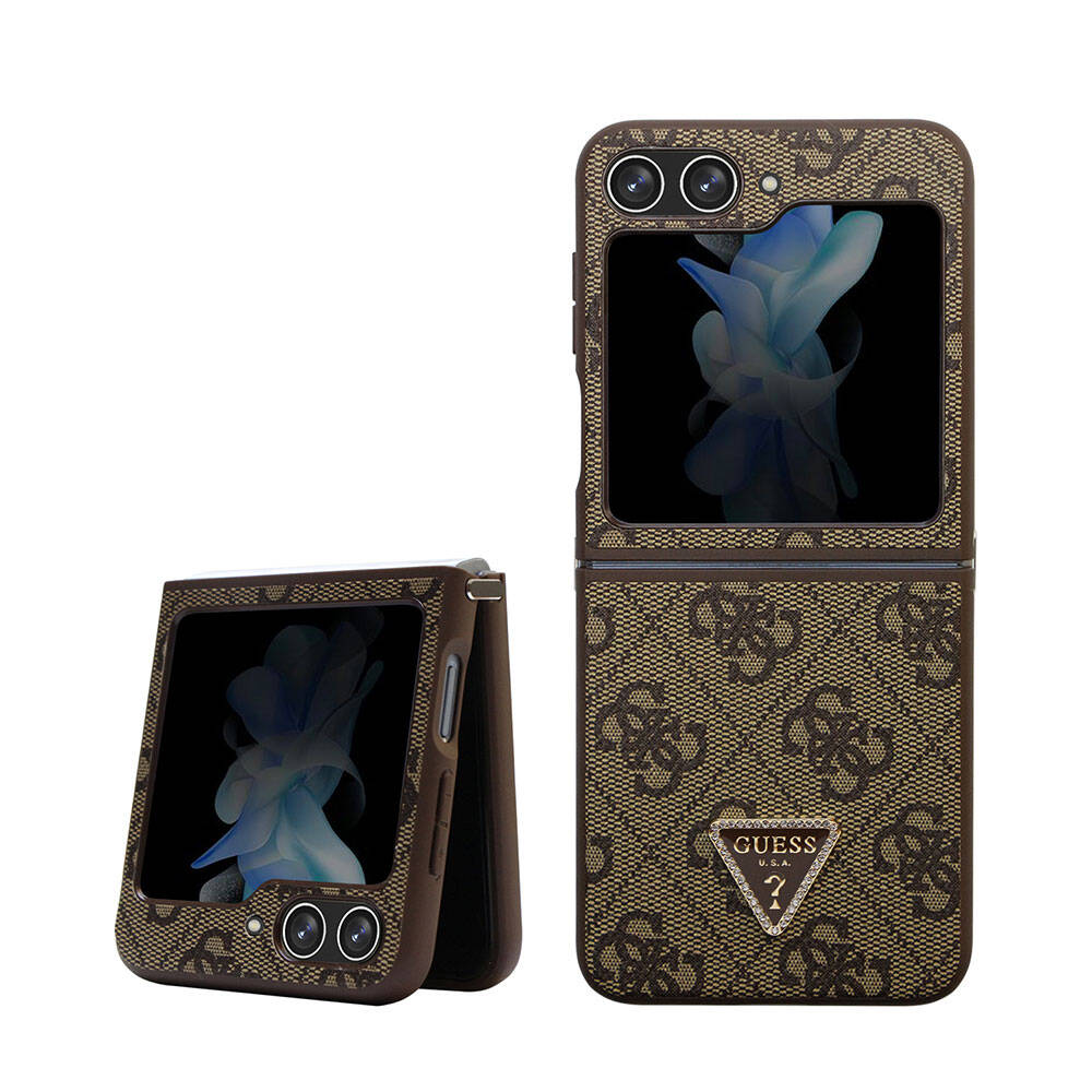 Guess Galaxy Z Flip 5 Kılıf Orjinal Lisanslı PU Deri Taşlı Üçgen Logo 4G Desenli Strass Telefon Kılıfı - 15