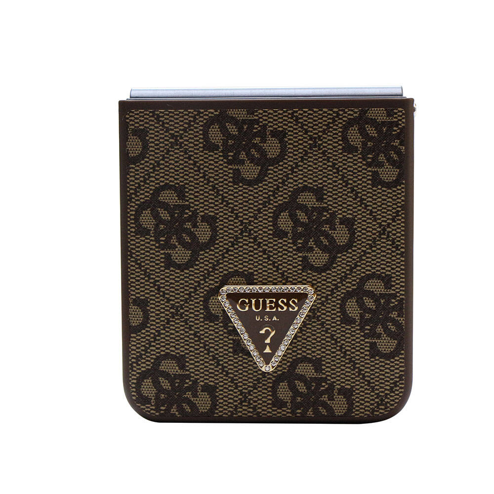 Guess Galaxy Z Flip 5 Kılıf Orjinal Lisanslı PU Deri Taşlı Üçgen Logo 4G Desenli Strass Telefon Kılıfı - 18