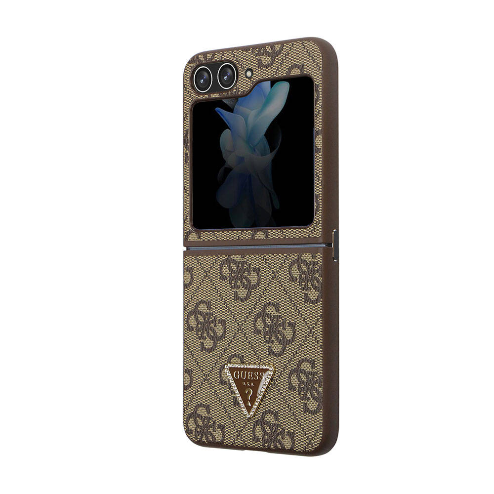 Guess Galaxy Z Flip 5 Kılıf Orjinal Lisanslı PU Deri Taşlı Üçgen Logo 4G Desenli Strass Telefon Kılıfı - 19