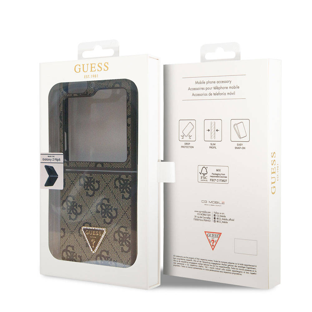Guess Galaxy Z Flip 5 Kılıf Orjinal Lisanslı PU Deri Taşlı Üçgen Logo 4G Desenli Strass Telefon Kılıfı - 21