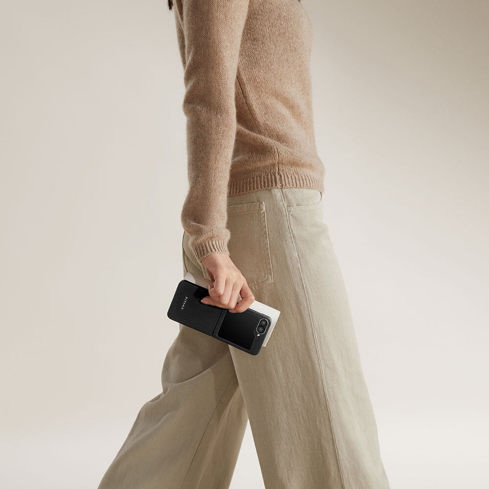 Pitaka Ultra-Slim Classic Serisi Galaxy Z Flip 6 M-safe Şarj Özellikli 600D Aramid Fiber Black-Grey Twill Kılıf