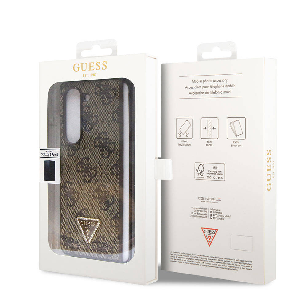 Guess Galaxy Z Fold 5 Orjinal Lisanslı PU Deri Taşlı Üçgen Logo 4G Desenli Strass Telefon Kılıfı - 6