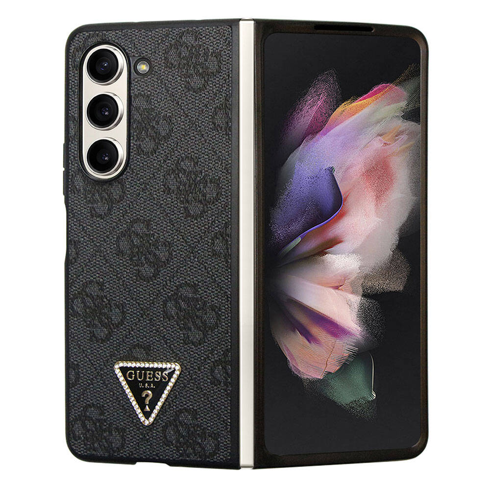 Guess Galaxy Z Fold 5 Orjinal Lisanslı PU Deri Taşlı Üçgen Logo 4G Desenli Strass Telefon Kılıfı - 7