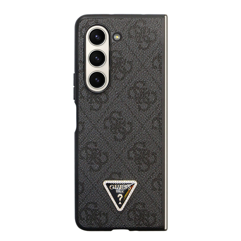 Guess Galaxy Z Fold 5 Orjinal Lisanslı PU Deri Taşlı Üçgen Logo 4G Desenli Strass Telefon Kılıfı - 8