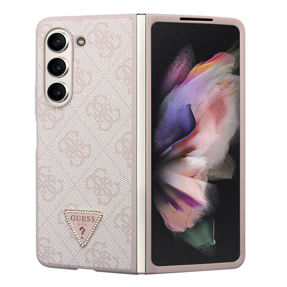 Guess Galaxy Z Fold 5 Orjinal Lisanslı PU Deri Taşlı Üçgen Logo 4G Desenli Strass Telefon Kılıfı - 13