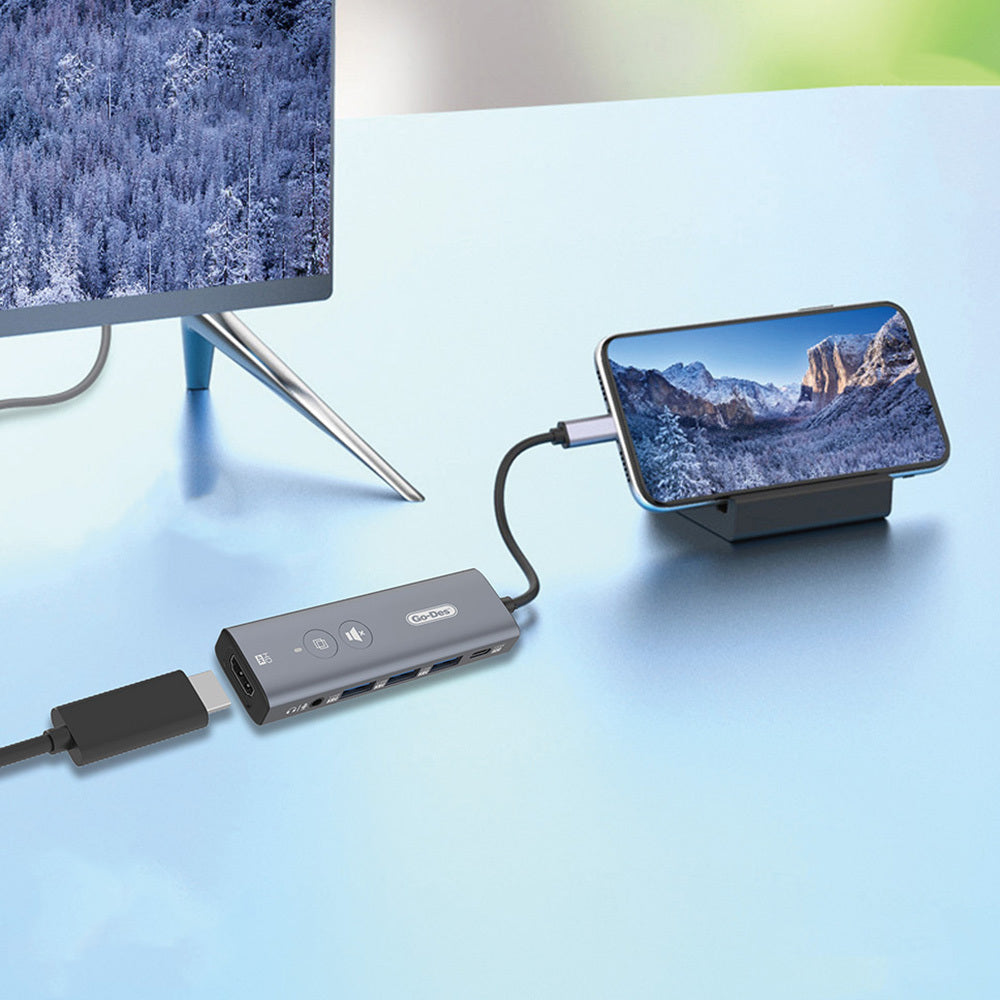 Go Des GD-6903 Type-C Bağlantılı 6in1 Hub Adaptör USB3.0/Hdmi/PD 100W/3.5mm/4K Ultra HD 30hz/5Gbps